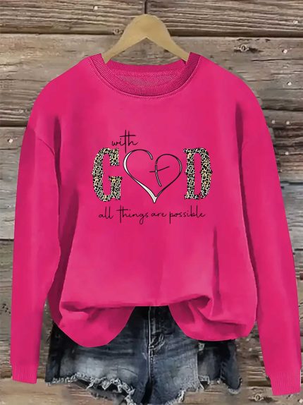 Leopard Print GOD Heart-shaped Creative Personality Loose and Fashionable Print Sweatshirt, Crew Neck Casual Sweatshirt for Fall & Spring, Women's Clothing
