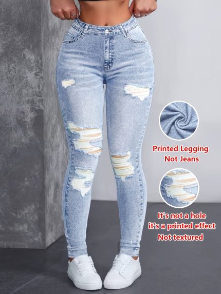 Printed Pants - Not Denim Fabric Printed Legging - Not Denim Fabric Women's Long Pants Faux-denim Printed Tight-fit Trousers Suitable for All Seasons