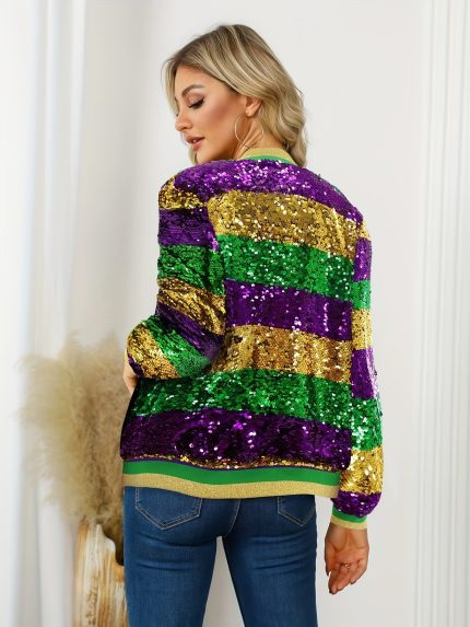 Glittery Sequin Jacket Glittery Sequin Jacket - Vibrant Purple, Green & Golden, Ribbed Cuffs, Long Sleeve, Button-Up Front, Perfect for Fallu002FWinter | Women's Casual Outerwear