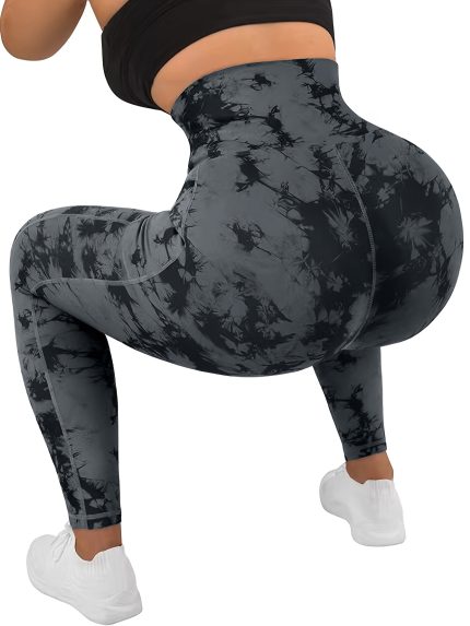 Three-Pack Pocket Fashion Leggings with Random Button Tie-Dye Dark Gray Camouflage Leggings, Light Gray Cycling Jogging Pants