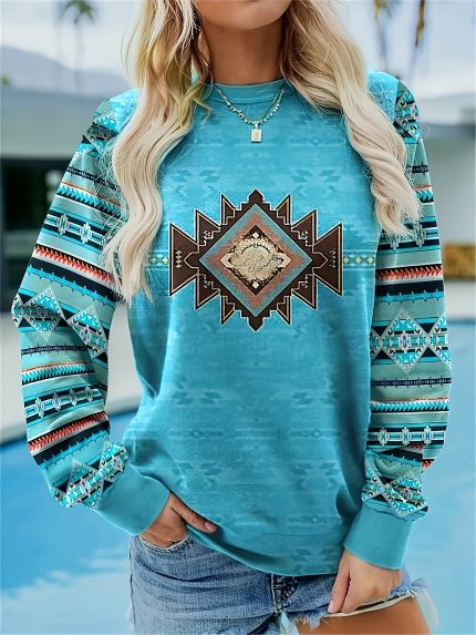 Women's Sweatshirt, New Autumnu002FWinter Geometric Ethnic Pattern Round Neck Drop Shoulder Women Clothing