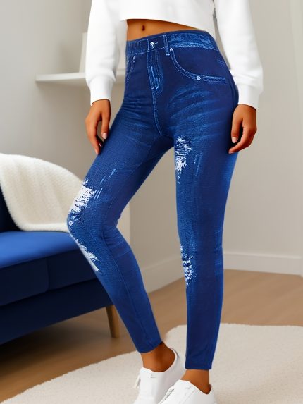 Printed Leggings - Not Denim FabricEuropean And American Stylish Casual High-Elastic Seamless Faux Denim Leggings with Printed Holes, Women'S Three-Quarter And Pants