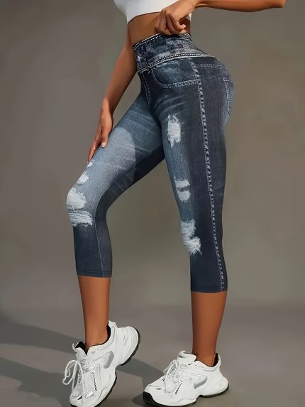 Printed Pants - Not Denim Fabric Women's High-Stretch Imitation Denim Print Leggings, Casual All-Season Fabric Printed Elastic Waistband Tights