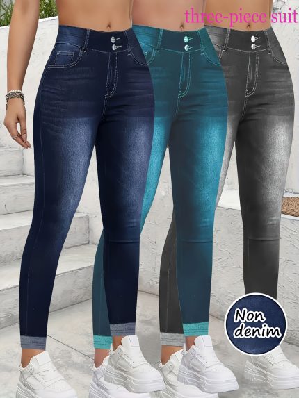 Printed Pants - Not Denim Fabric 3pcs Women's Slim-Fit Imitation Denim Tight Pants - Blueu002FBlacku002FGreen Denim Colors, Stretchy Elastic Wearable Leggings Suitable for All-Season Casual & Dressy Outfits, Machine Washable Tight Clothing