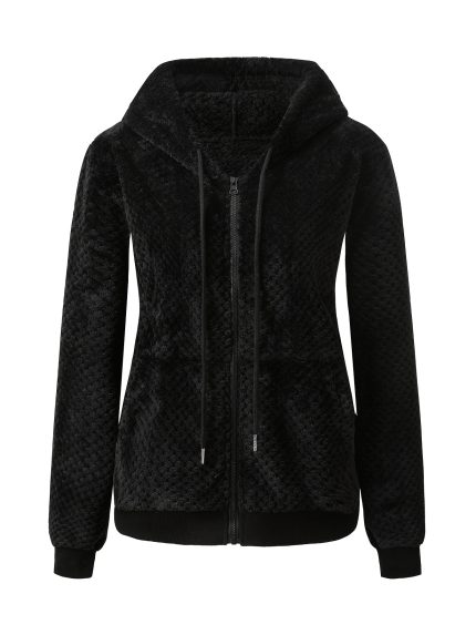 Elegant Muted Color Hooded Plush Jacket with Drawstring, Long Sleeves, Perfect for Autumn And Winter Women'S Wear