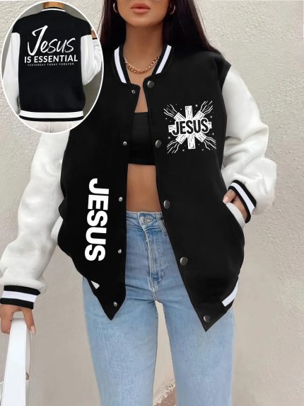 Winter: Stylish Women's -Lined Casual Jacket with Designer JESUS Letter Print Autumnu002FWinter Colour-Block Women's -Lined Jacket Women's Clothing