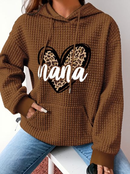 Women's Casual Polyester Waffle Knit Hoodie with Leopard Heart Print ??Long Sleeve Hooded Sweatshirt for Fallu002FWinter (95% Polyester, 5% Spandex)