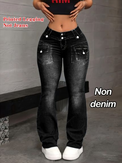 Printed Leggings - Not Denim FabricElegant Elastic Flare Faux Denim | Comfortable Fashion High-End Pants, Machine Washable, Suitable for All Seasons, Non-Faux Denim, Printed Pattern, Ideal for Casual and Formal Wear
