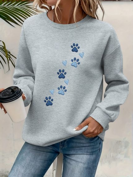 Women'S Cute Puppy Paw Print Sweatshirt - Soft Round Neck Winter Warmth, Cozy Casual Pullover with Paw Prints & Paw Print Pattern, Puppy Clothes, Comfortable Clothing, Playful Design, Durable Construction, Fashion Lovers